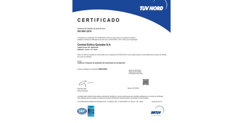 Certificado ISO 9001 para o Parque Eólico Quixaba